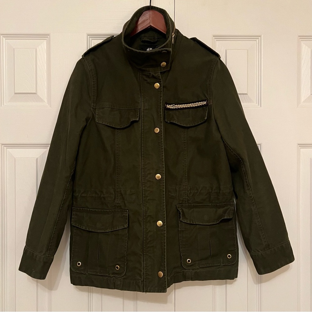 H&M Women’s Size 10 100% Cotton Olive Green Military Cargo Jacket